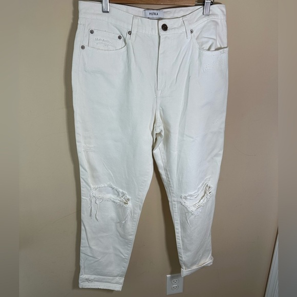 Pistola Womens Jeans Size 31 White Denim Distressed High Rise Straight Leg - Picture 1 of 9